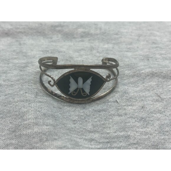 Vintage Bracelet Alpaca Mexico Silver Tone Abalone Shell Butterfly Small Onyx - Picture 1 of 7
